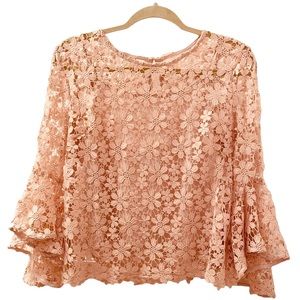 *Adiva Pink Beige Lace Top Anthropologie Dramatic Boho Princess Trumpet Sleeve M